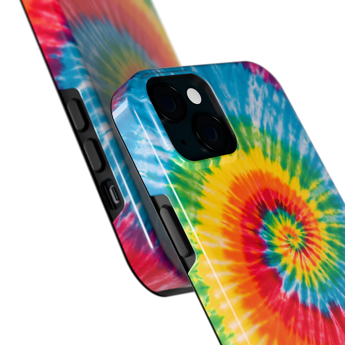 Regenboogspiraal hoesje voor iPhone 15 Plus, close-up