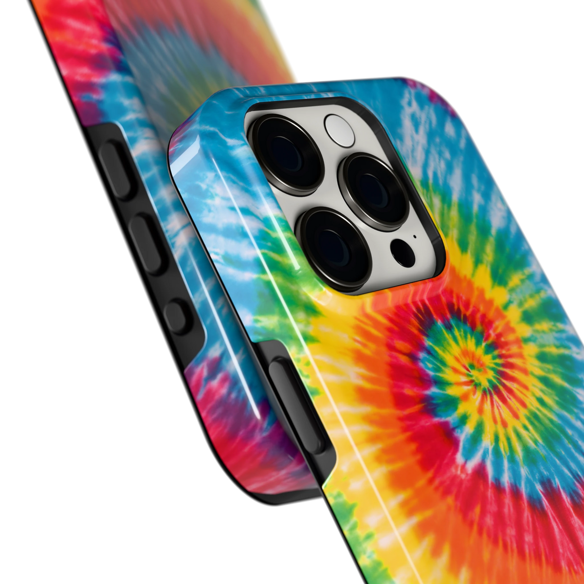 Regenboogspiraal hoesje voor iPhone 15 Pro, close-up
