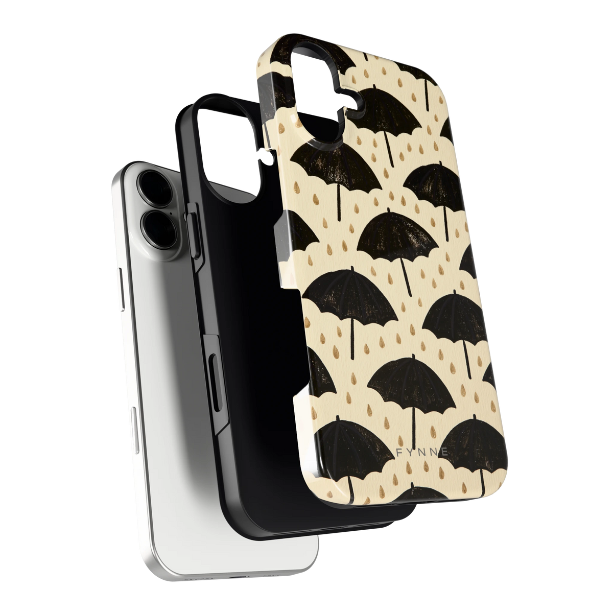 Paraplu's in de Regen hoesje voor iPhone 16 Plus, los van de telefoon