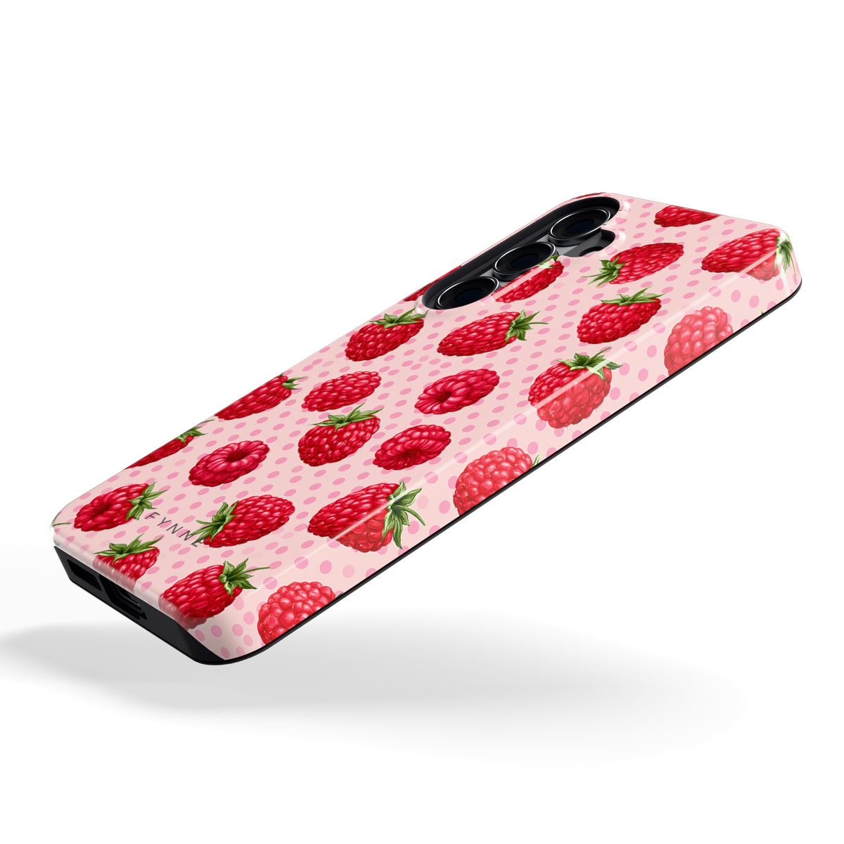 Frambozen Stippen hoesje voor Galaxy S25, schuin