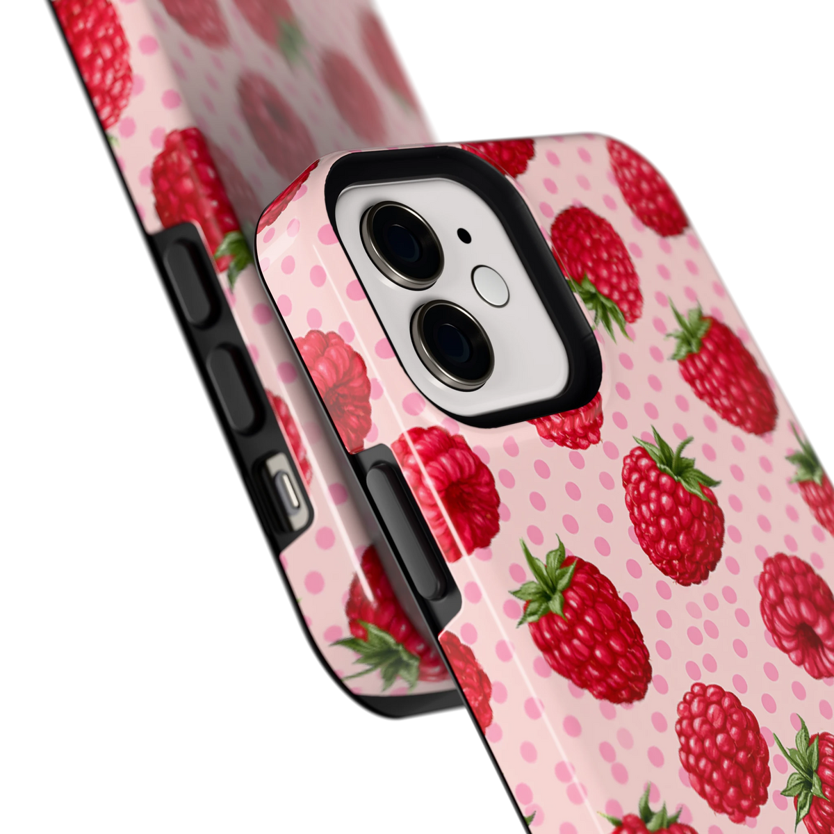 Frambozen Stippen hoesje voor iPhone 12, close-up