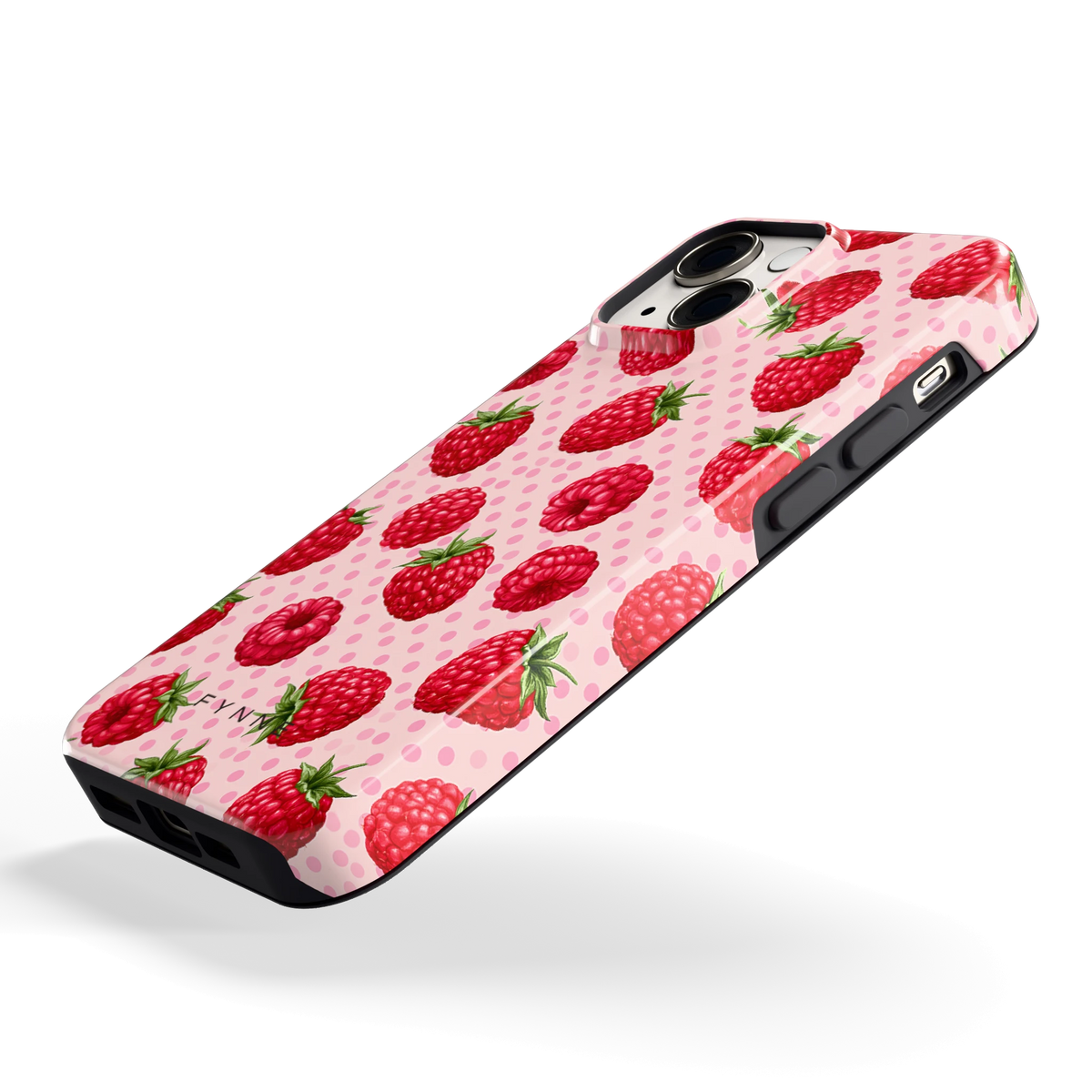Frambozen Stippen hoesje voor iPhone 13 mini, schuin