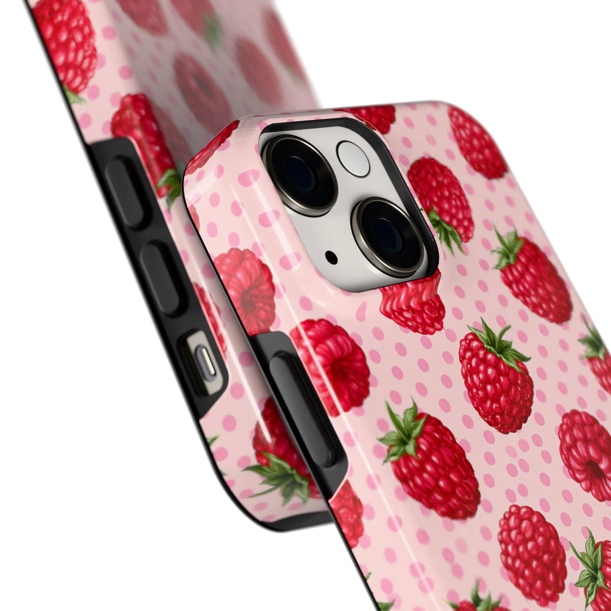 Frambozen Stippen hoesje voor iPhone 13 mini, close-up