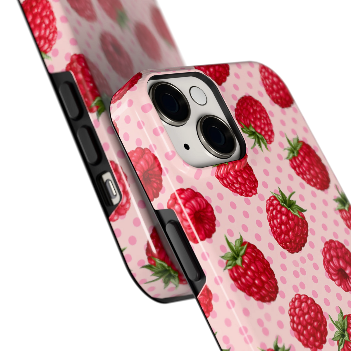 Frambozen Stippen hoesje voor iPhone 14, close-up