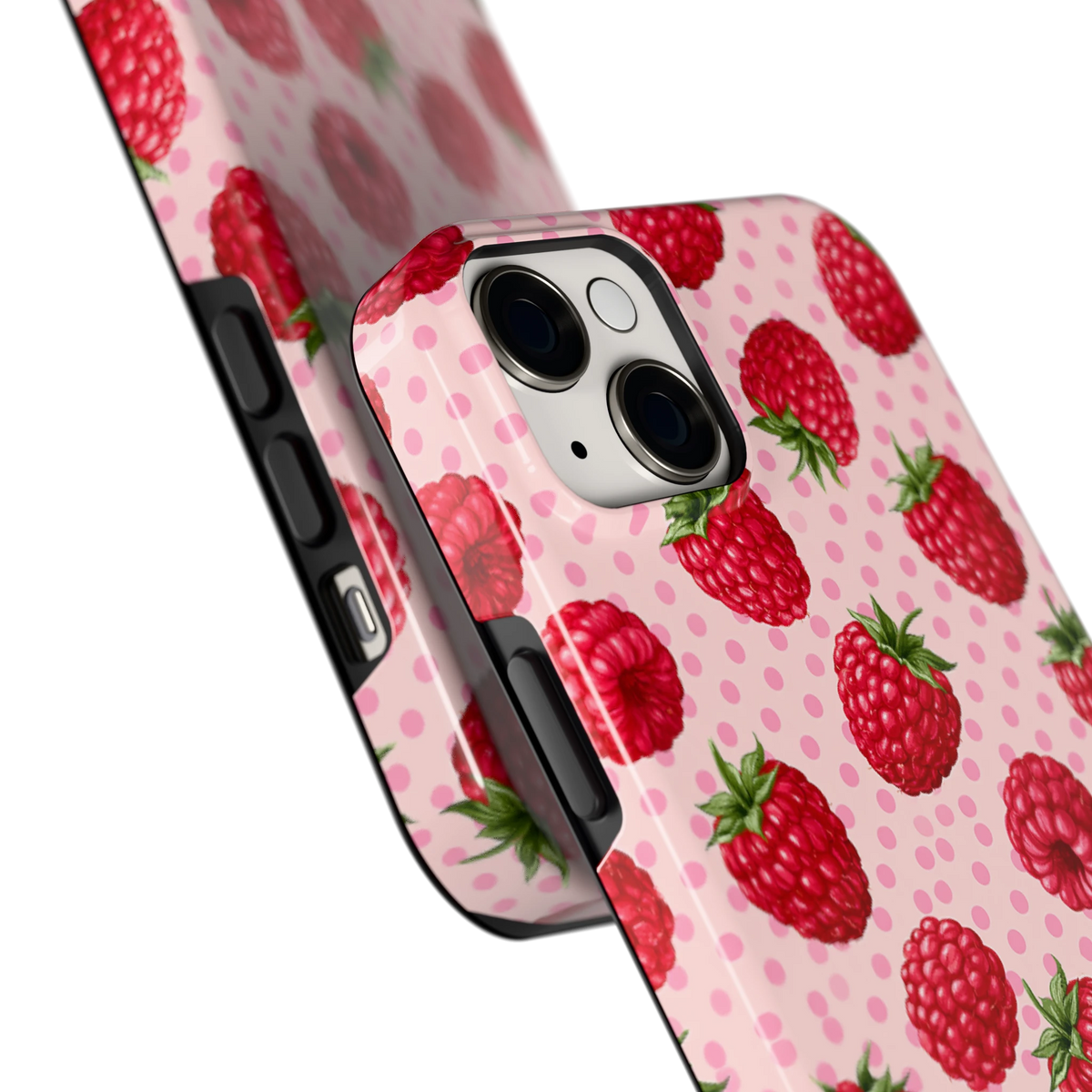 Frambozen Stippen hoesje voor iPhone 14 Plus, close-up