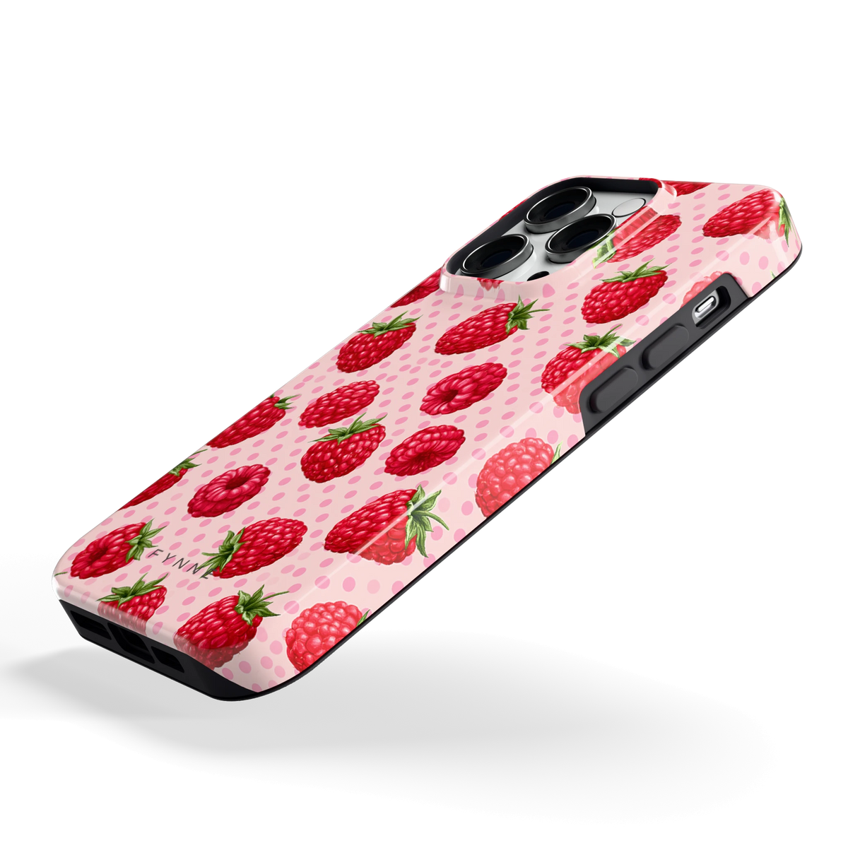 Frambozen Stippen hoesje voor iPhone 14 Pro, schuin