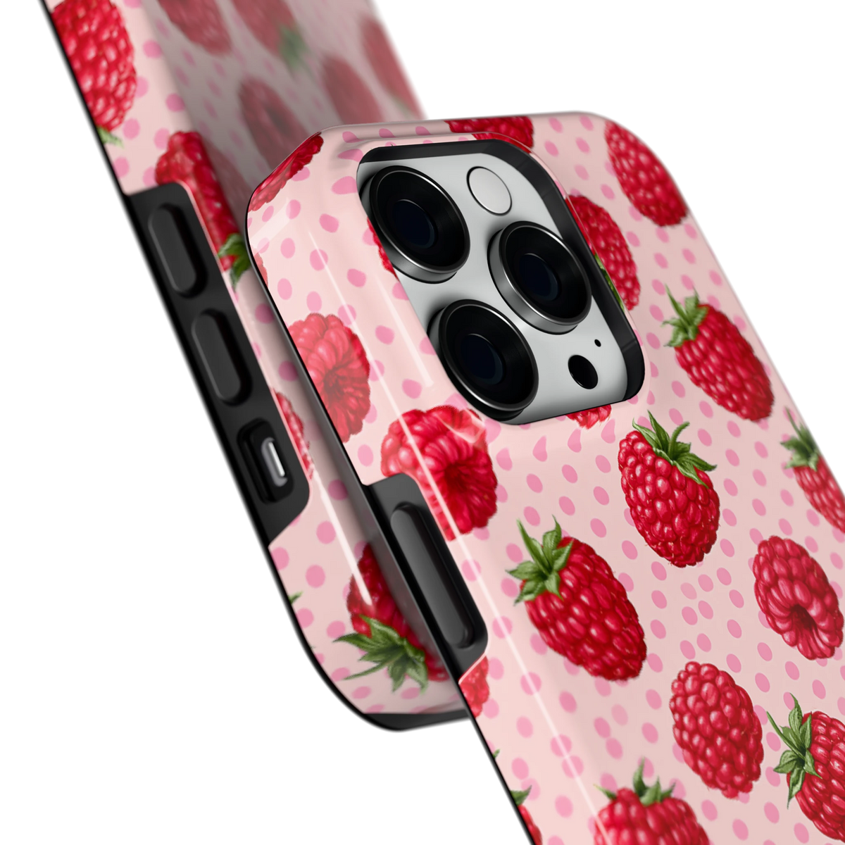 Frambozen Stippen hoesje voor iPhone 14 Pro, close-up