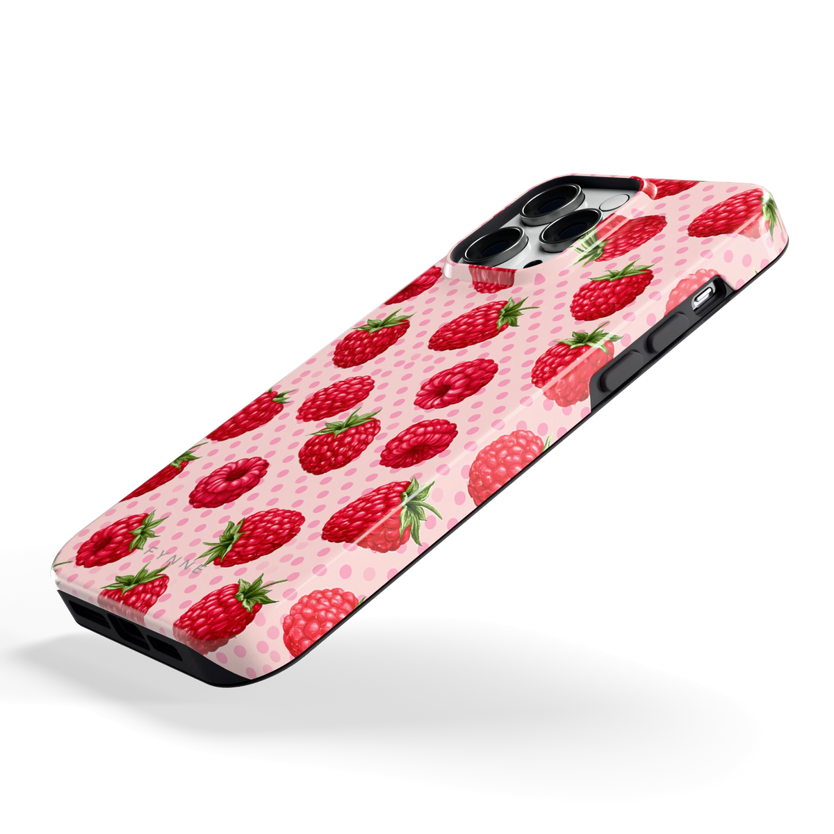 Frambozen Stippen hoesje voor iPhone 14 Pro Max, schuin