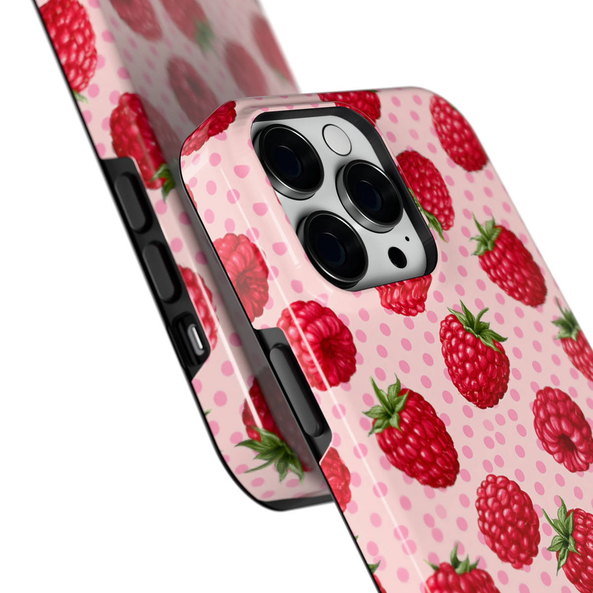Frambozen Stippen hoesje voor iPhone 14 Pro Max, close-up