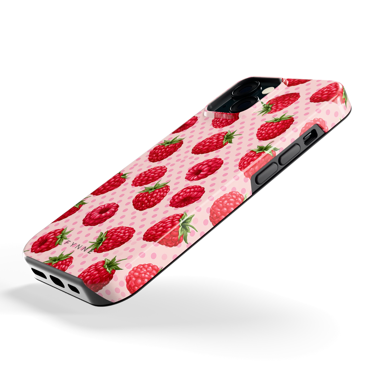 Frambozen Stippen hoesje voor iPhone 15, schuin