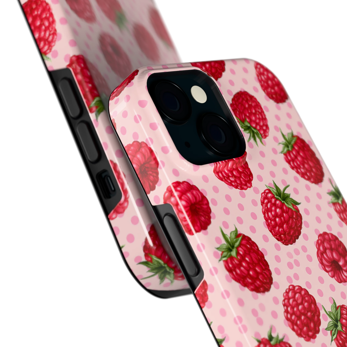 Frambozen Stippen hoesje voor iPhone 15, close-up