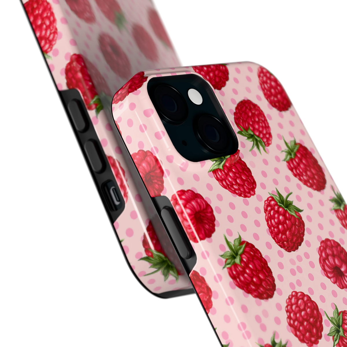 Frambozen Stippen hoesje voor iPhone 15 Plus, close-up