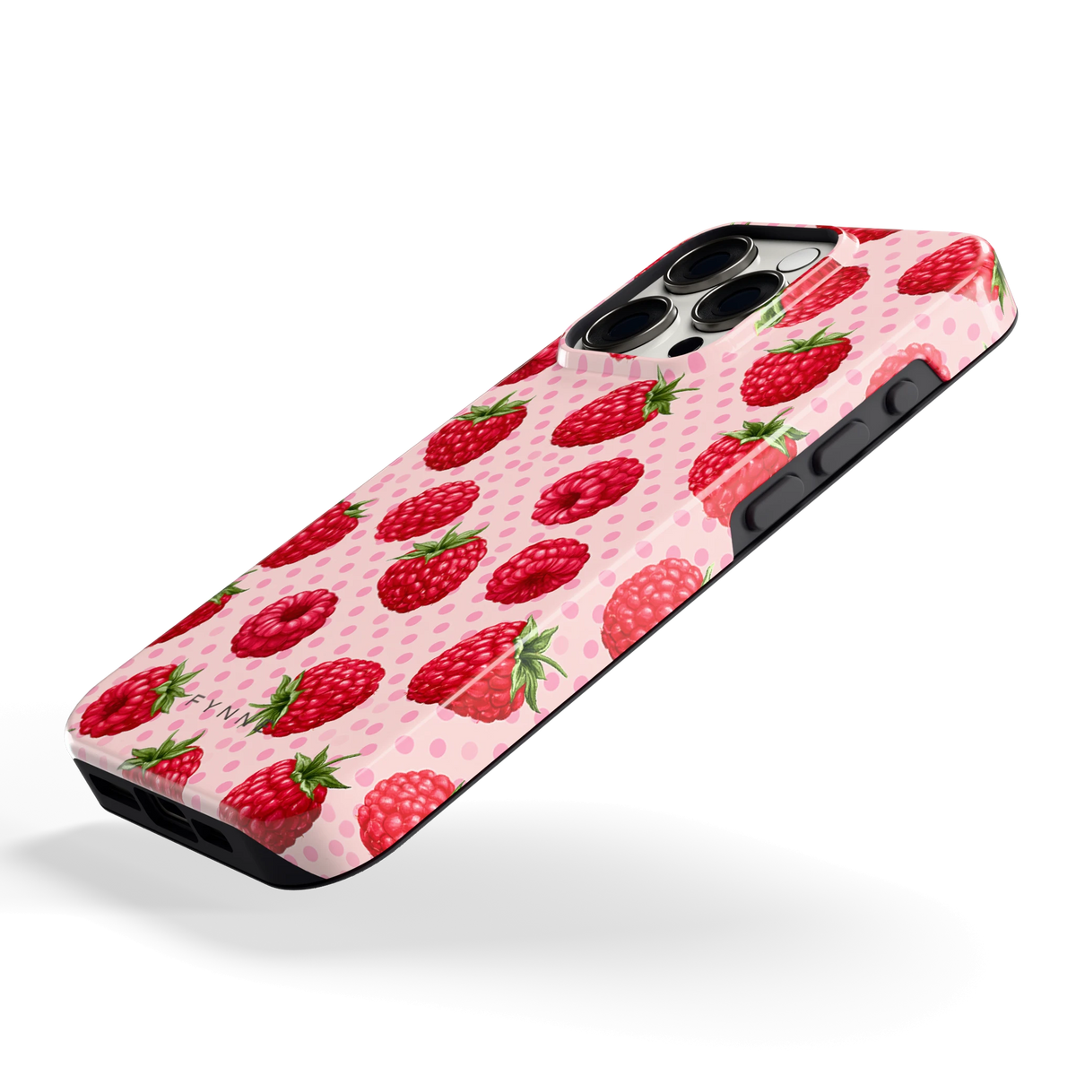 Frambozen Stippen hoesje voor iPhone 15 Pro, schuin