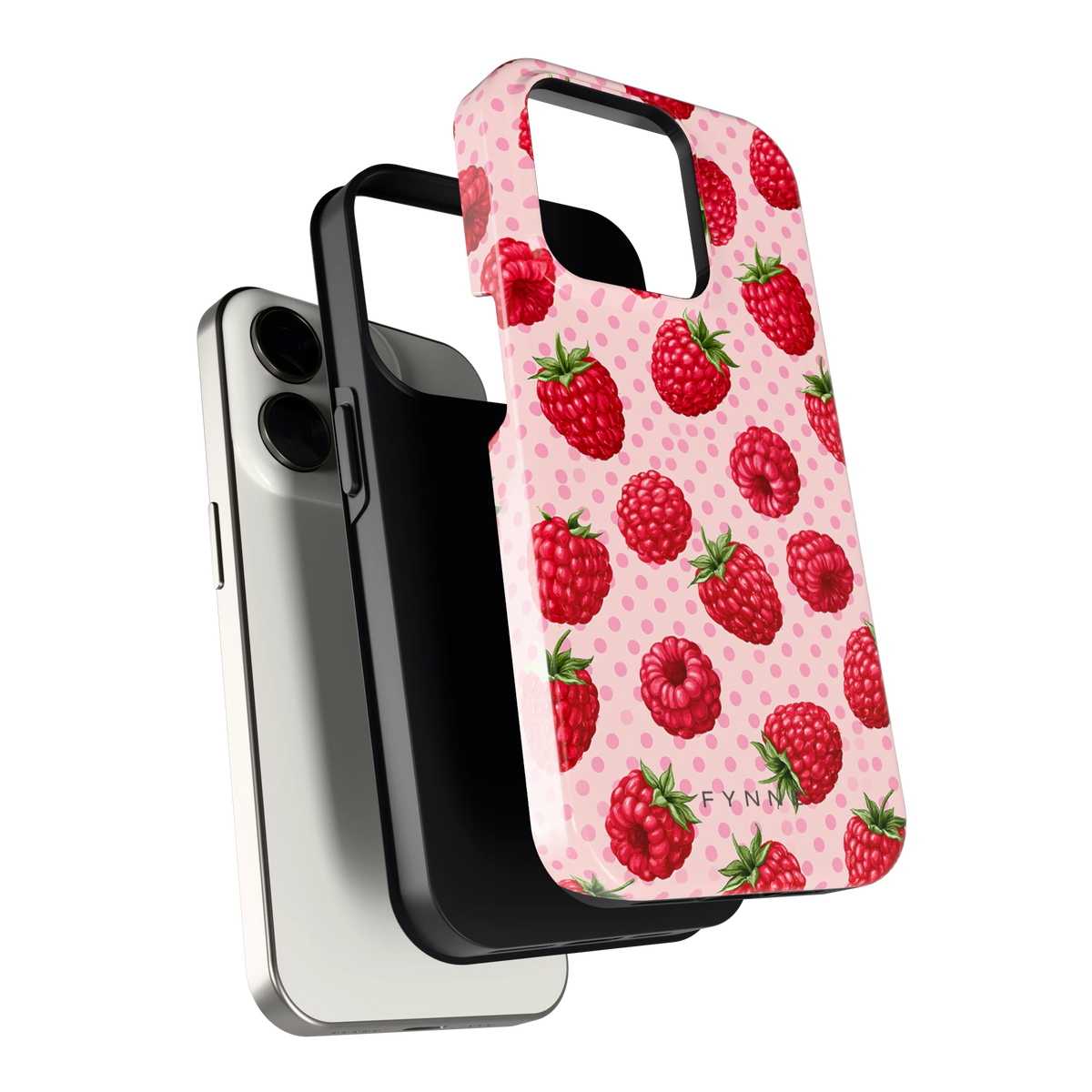 Frambozen Stippen hoesje voor iPhone 15 Pro, los van de telefoon