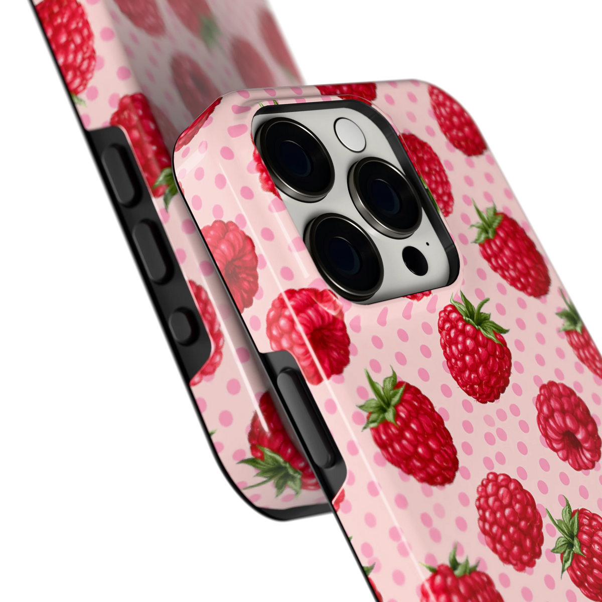 Frambozen Stippen hoesje voor iPhone 15 Pro, close-up