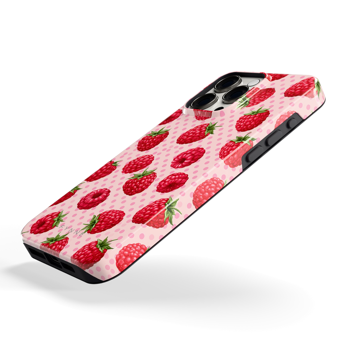 Frambozen Stippen hoesje voor iPhone 15 Pro Max, schuin