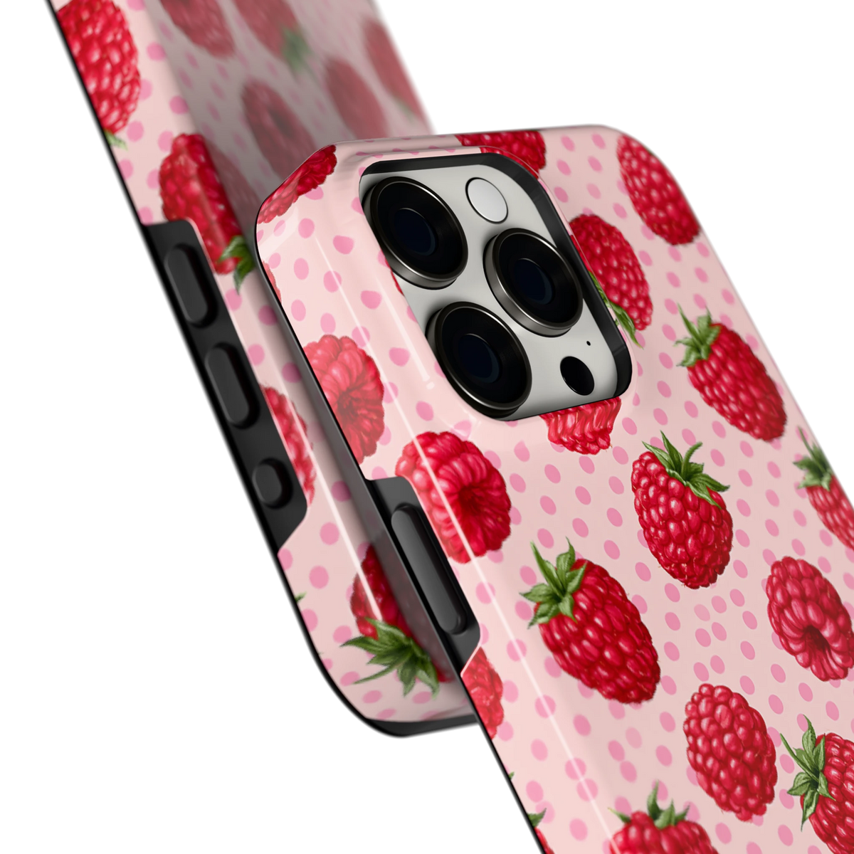 Frambozen Stippen hoesje voor iPhone 15 Pro Max, close-up