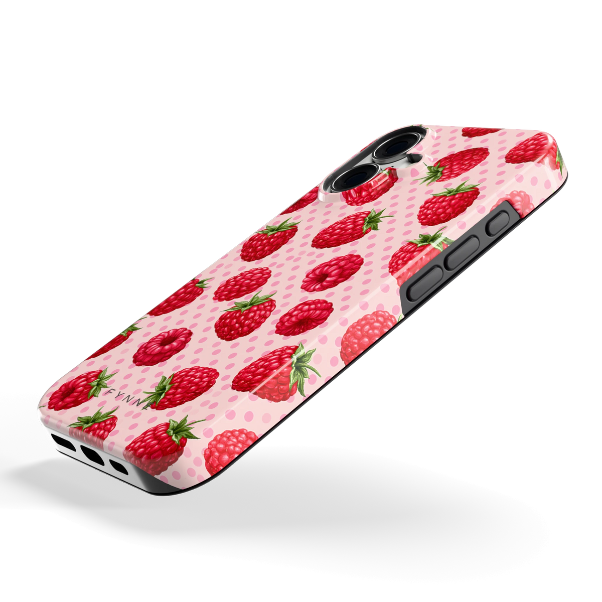 Frambozen Stippen hoesje voor iPhone 16, schuin