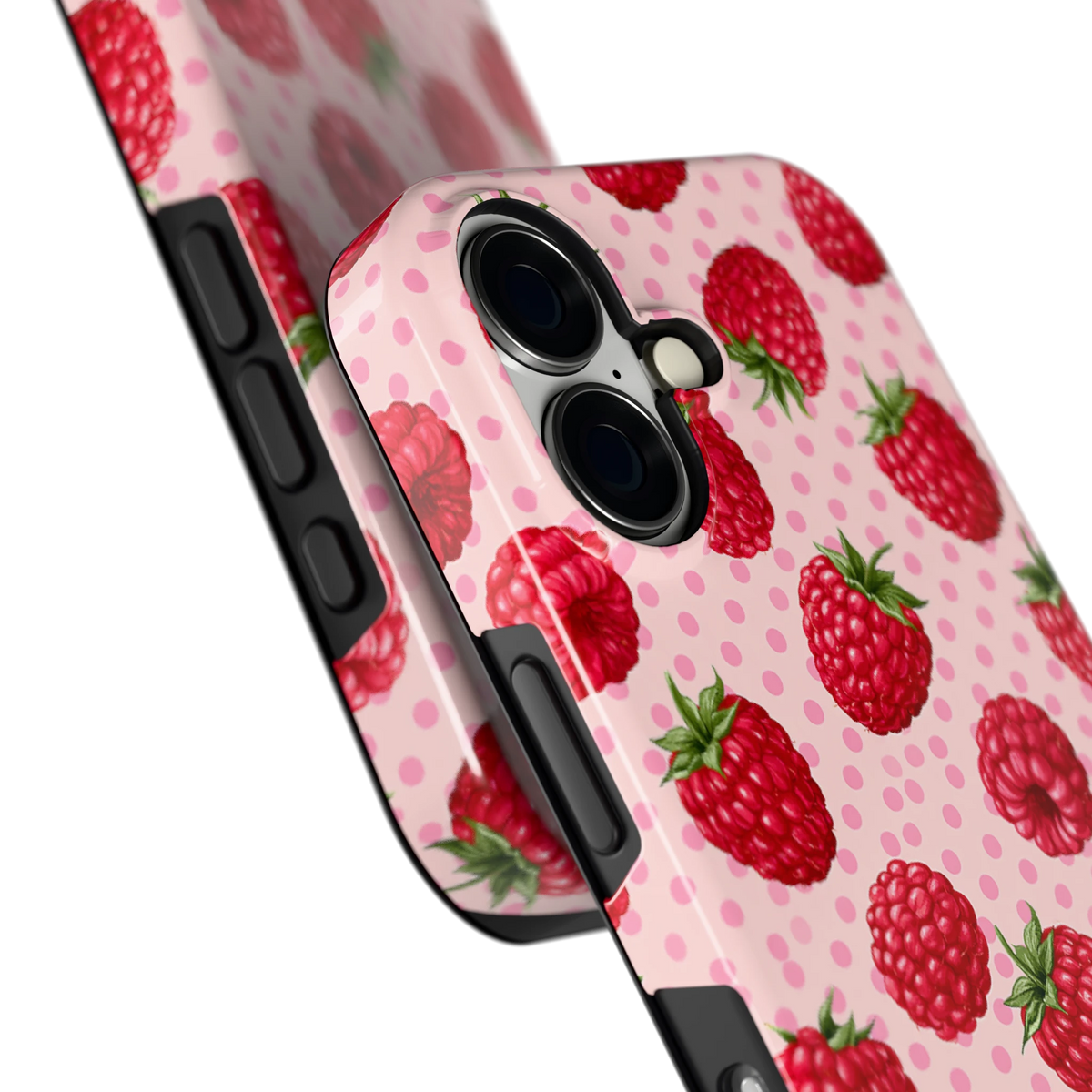 Frambozen Stippen hoesje voor iPhone 16, close-up