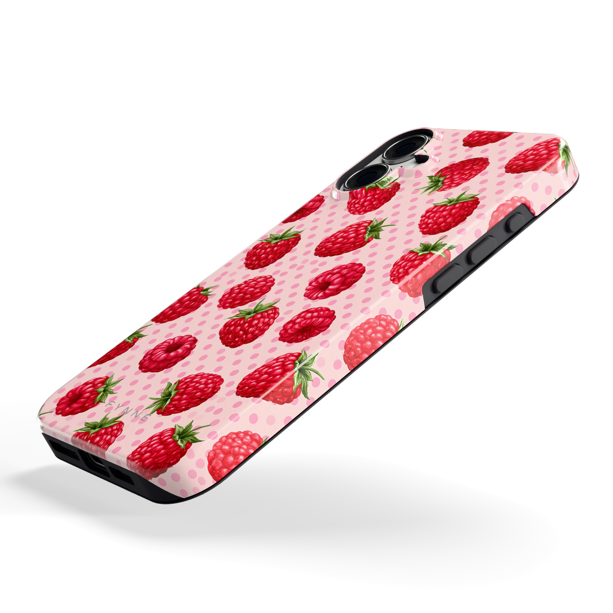 Frambozen Stippen hoesje voor iPhone 16 Plus, schuin