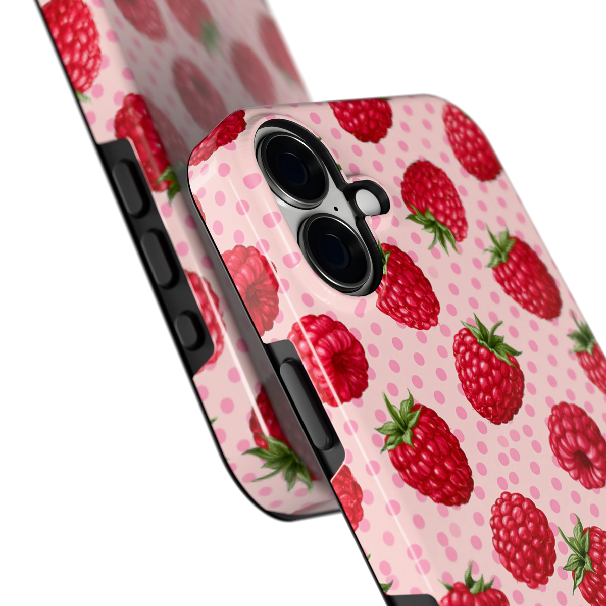 Frambozen Stippen hoesje voor iPhone 16 Plus, close-up