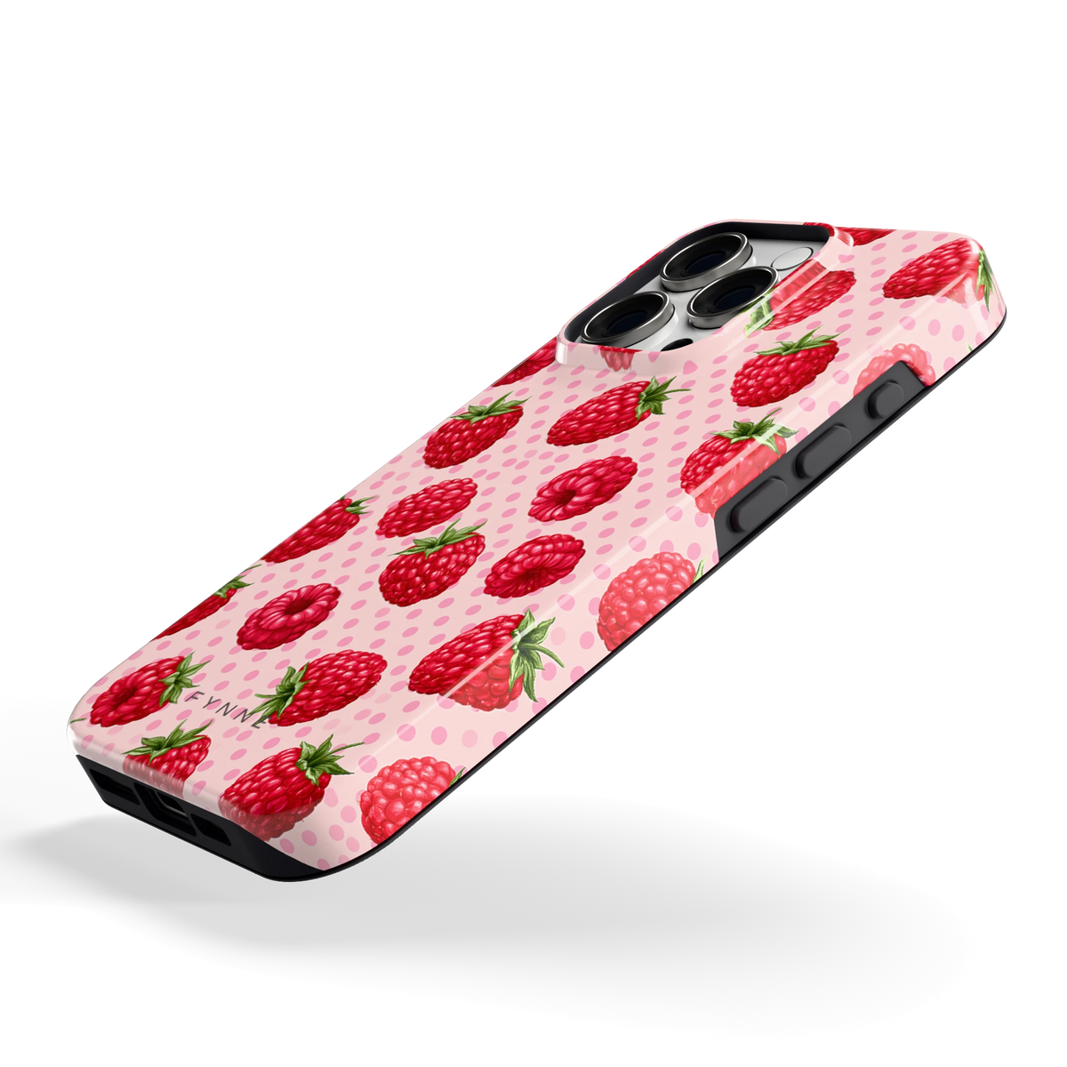 Frambozen Stippen hoesje voor iPhone 16 Pro, schuin