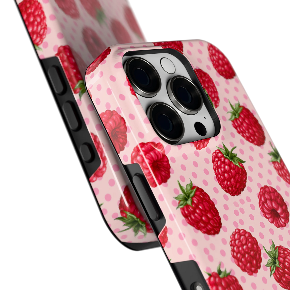 Frambozen Stippen hoesje voor iPhone 16 Pro, close-up