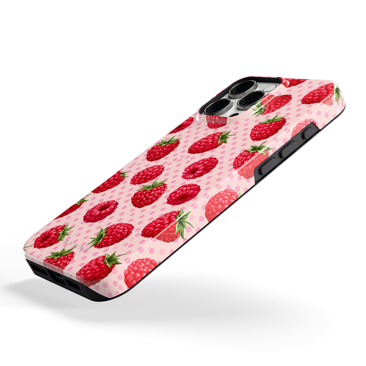 Frambozen Stippen hoesje voor iPhone 16 Pro Max, schuin