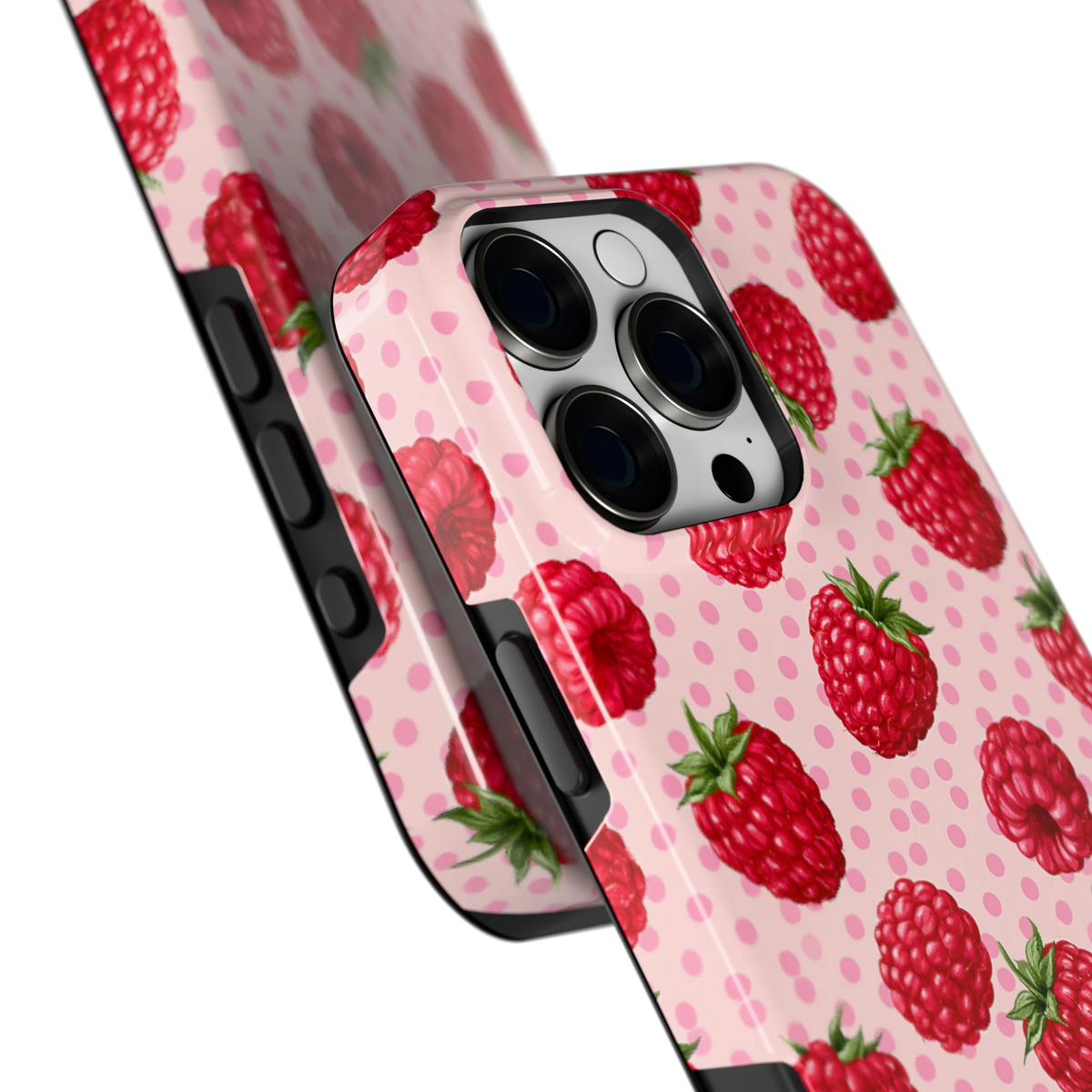 Frambozen Stippen hoesje voor iPhone 16 Pro Max, close-up