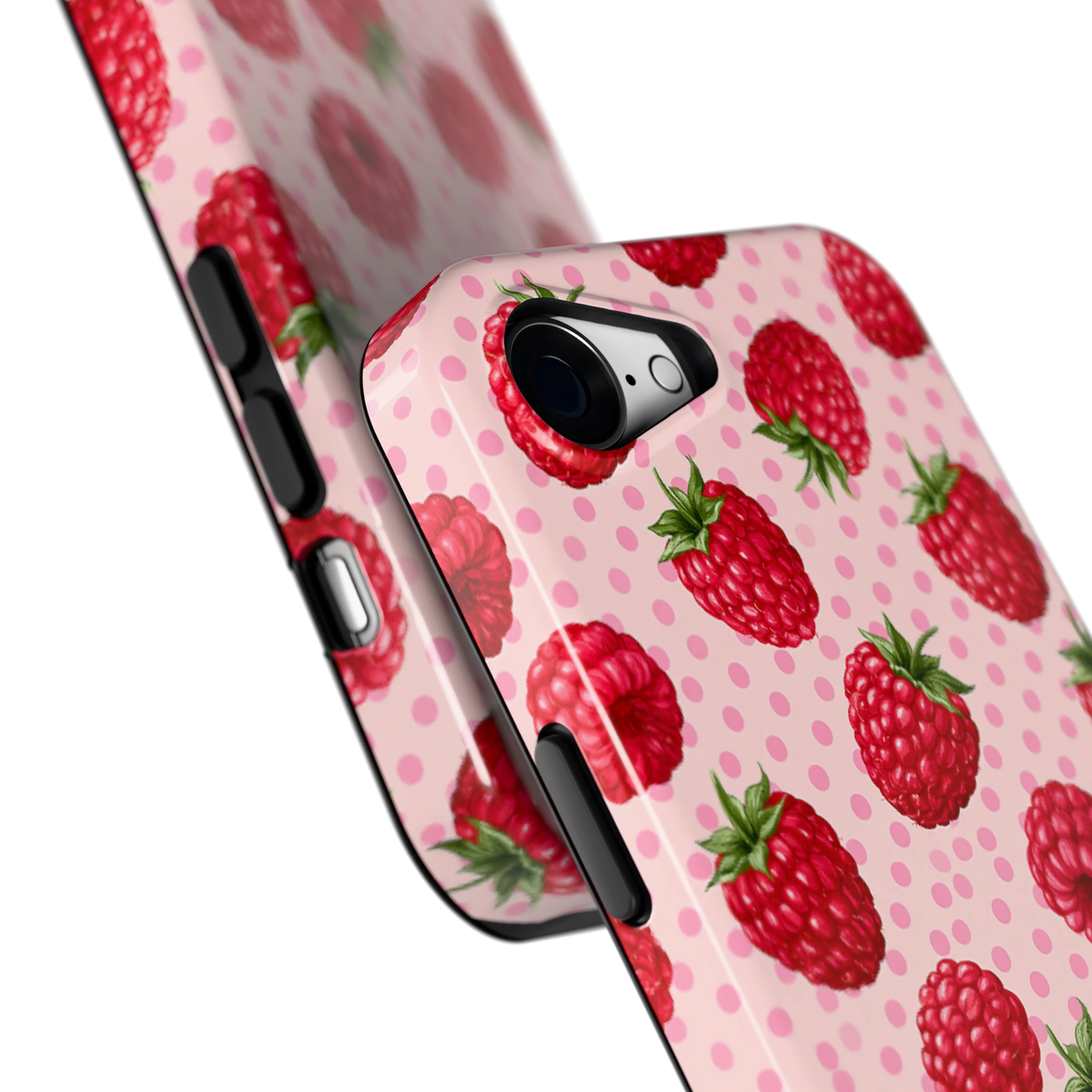 Frambozen Stippen hoesje voor iPhone 16e, close-up