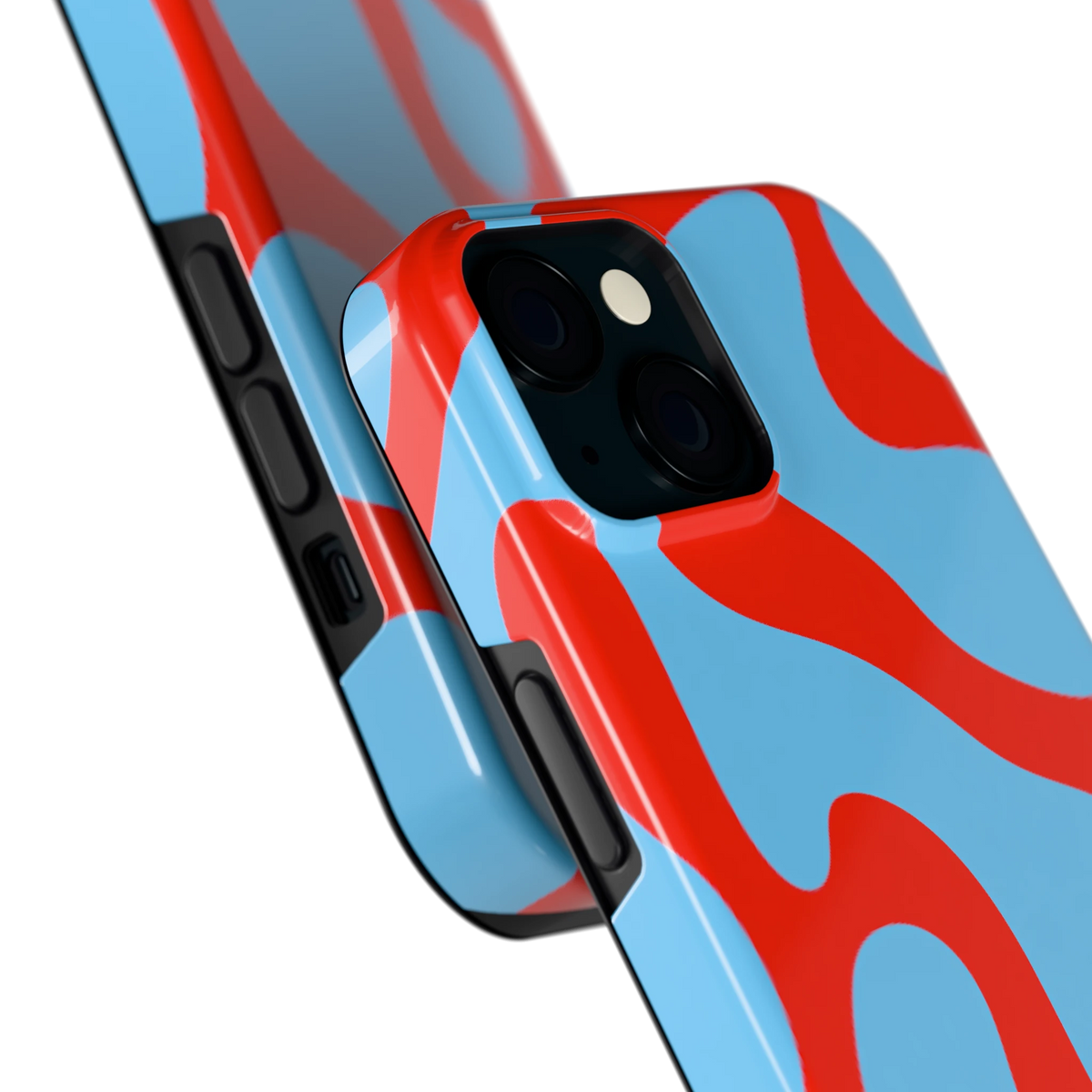 Rode Blobs hoesje voor iPhone 15, close-up