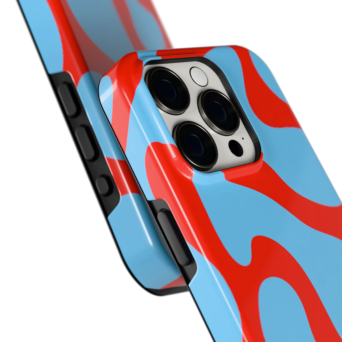 Rode Blobs hoesje voor iPhone 15 Pro, close-up