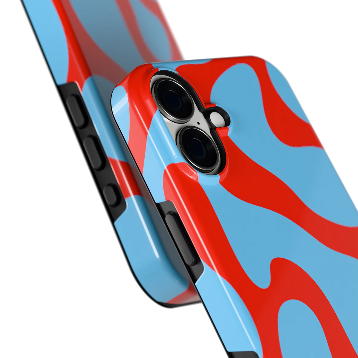 Rode Blobs hoesje voor iPhone 16 Plus, close-up
