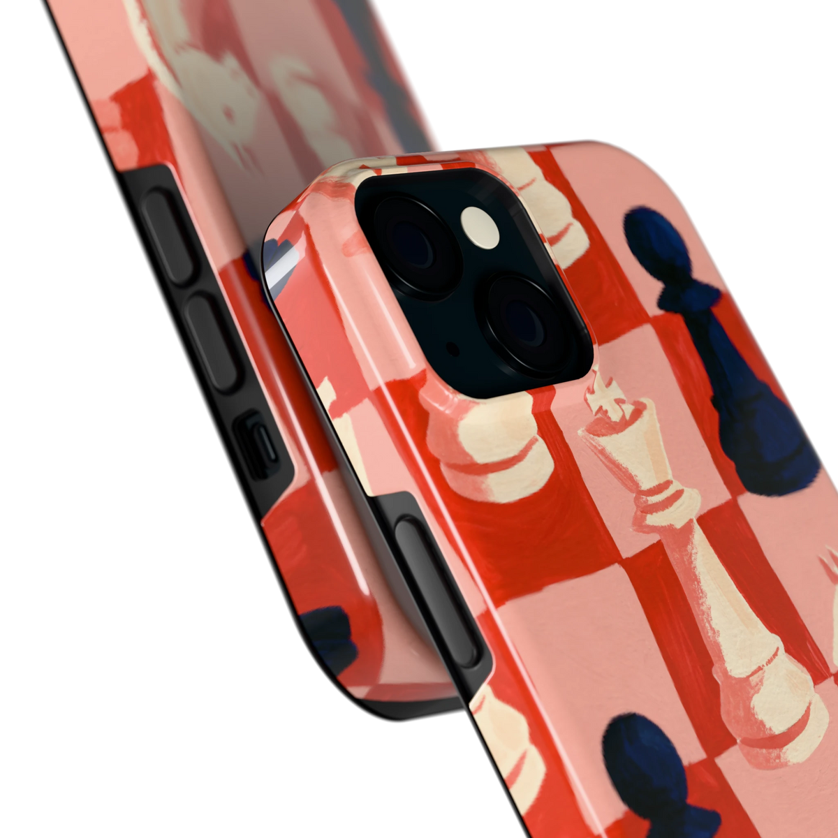 Rood Schaakbord hoesje voor iPhone 15, close-up