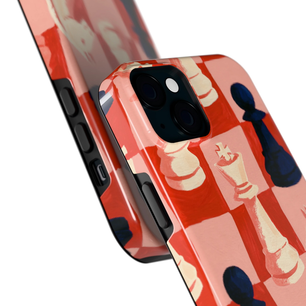 Rood Schaakbord hoesje voor iPhone 15 Plus, close-up