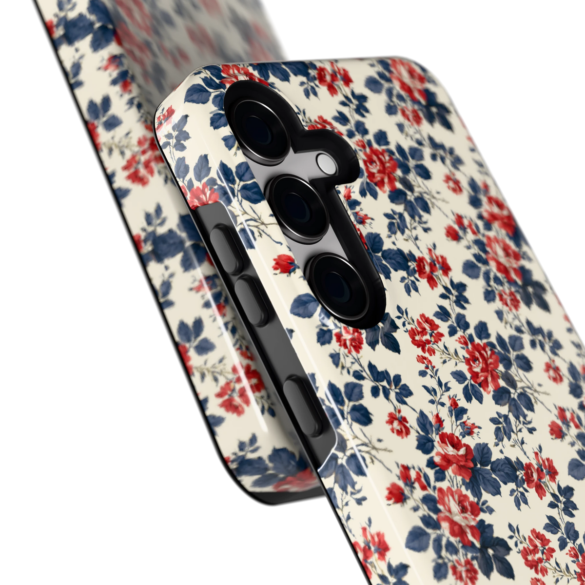 Rode rozen en marineblauw hoesje voor Galaxy S24, close-up