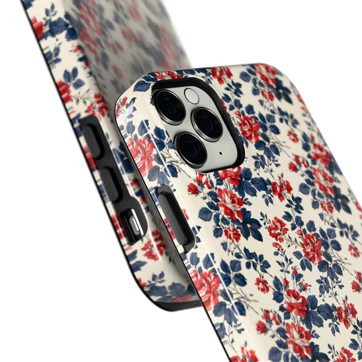 Rode rozen en marineblauw hoesje voor iPhone 11 Pro Max, close-up