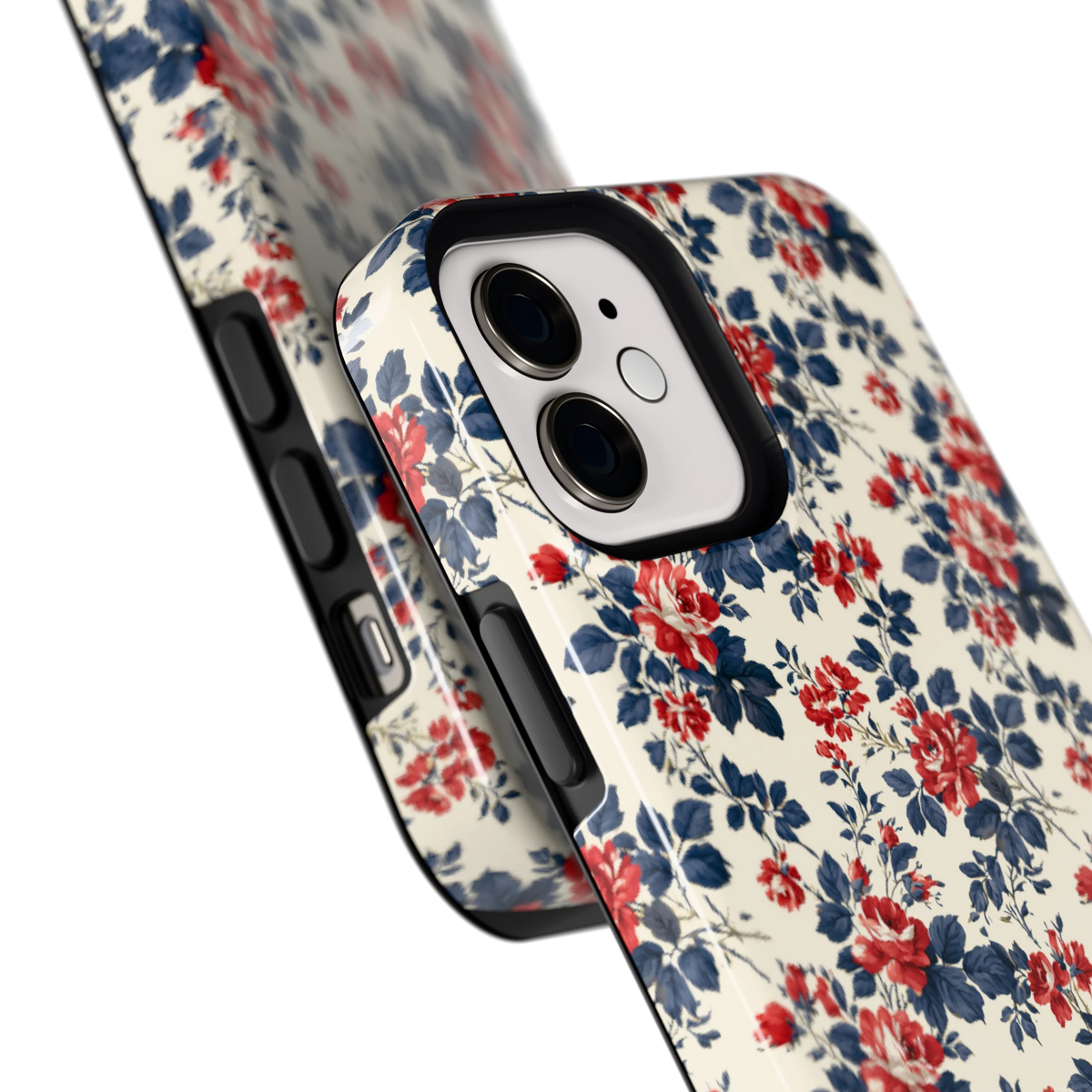 Rode rozen en marineblauw hoesje voor iPhone 12, close-up