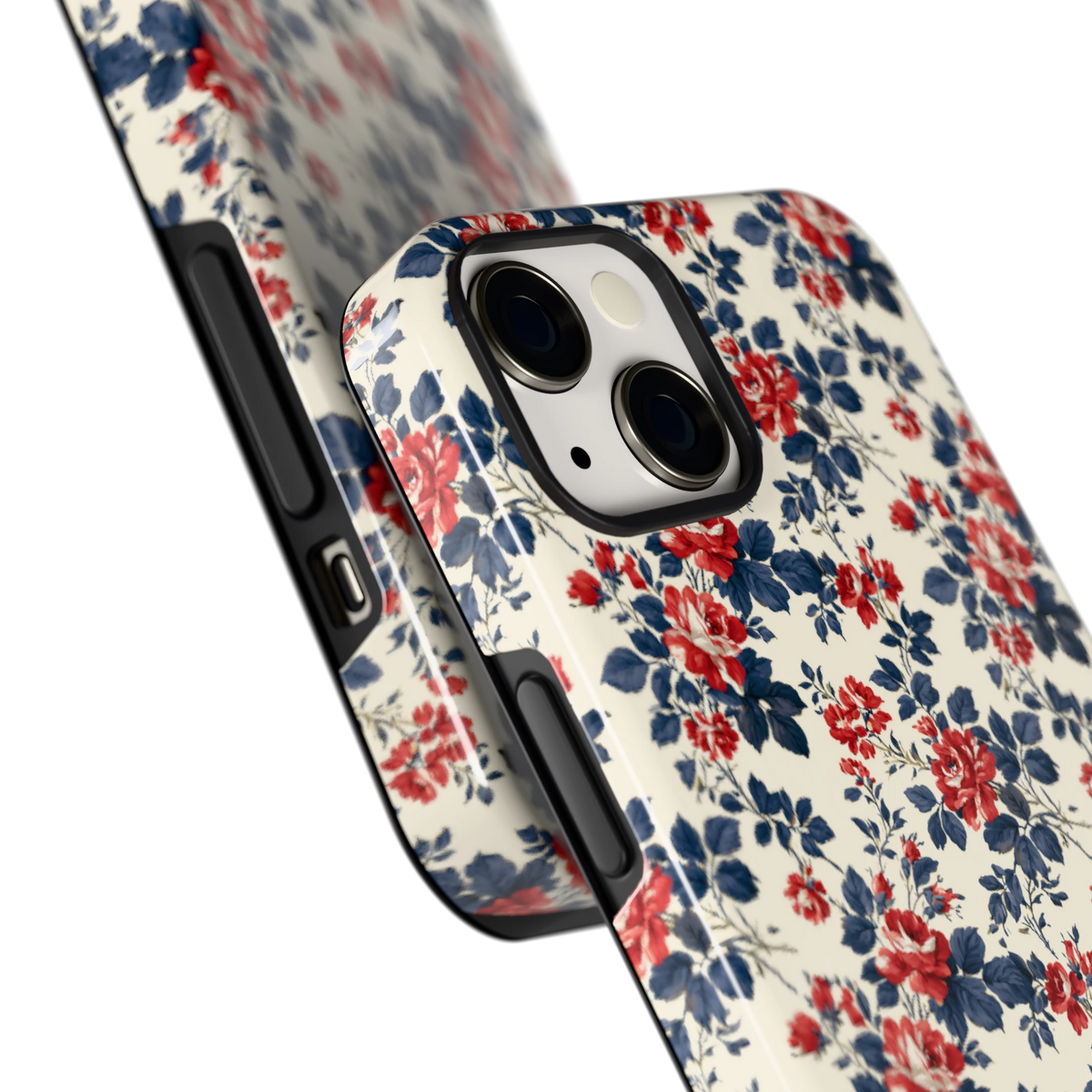 Rode rozen en marineblauw hoesje voor iPhone 13, close-up