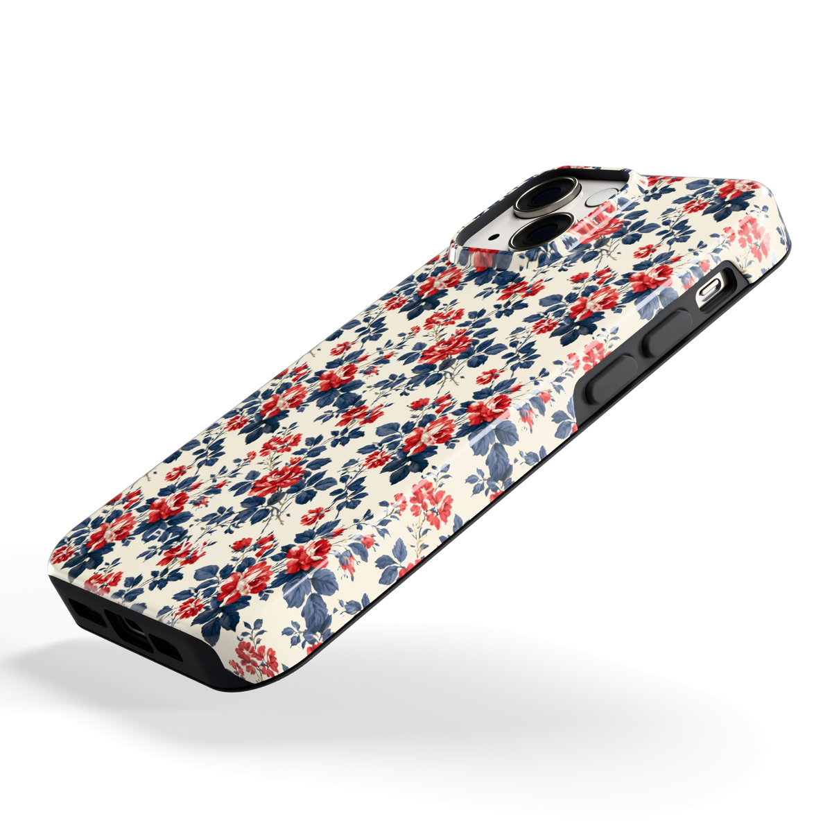 Rode rozen en marineblauw hoesje voor iPhone 13 mini, schuin