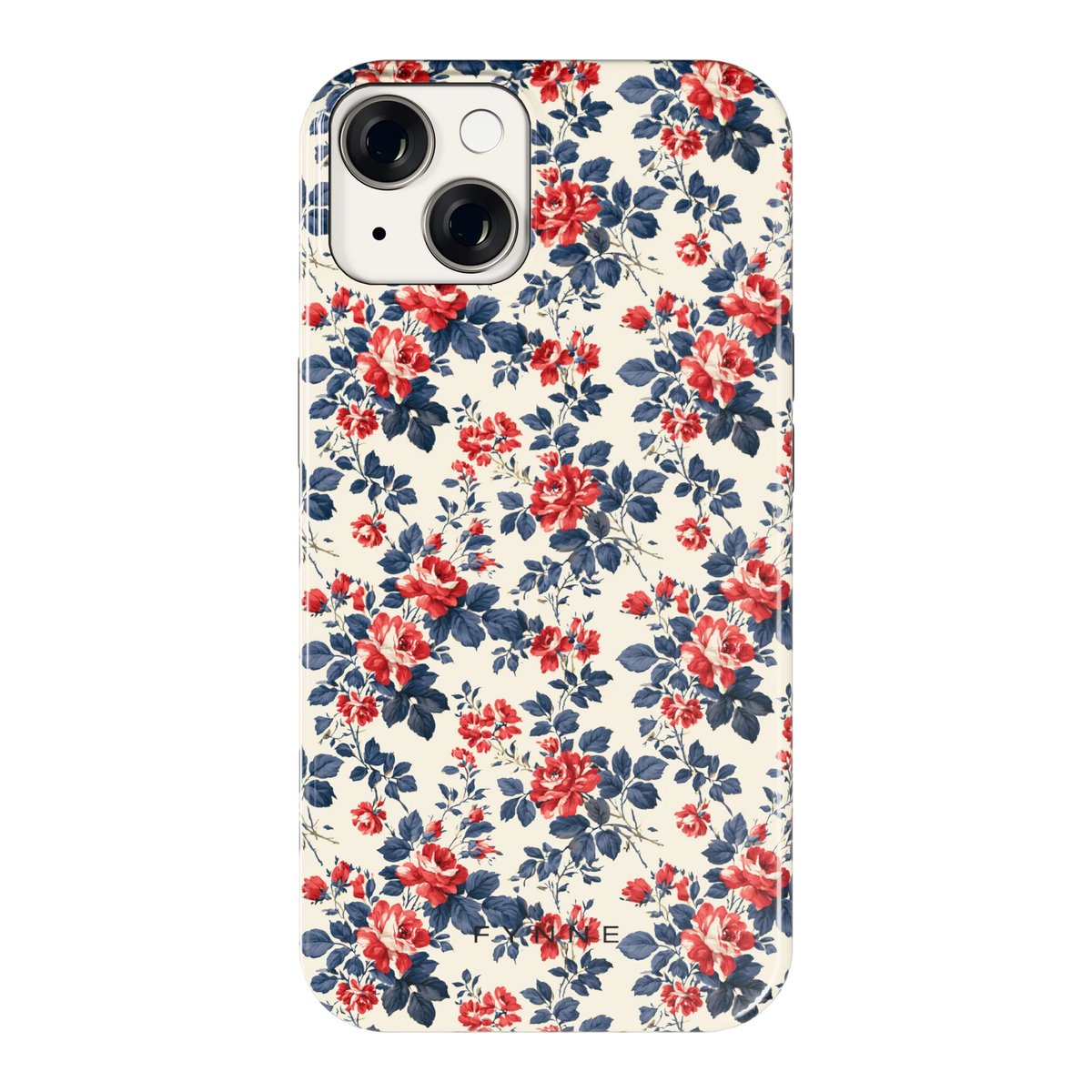 Rode rozen en marineblauw hoesje voor iPhone 14, achterkant