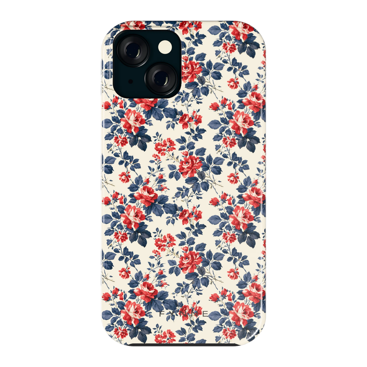 Rode rozen en marineblauw hoesje voor iPhone 15, achterkant