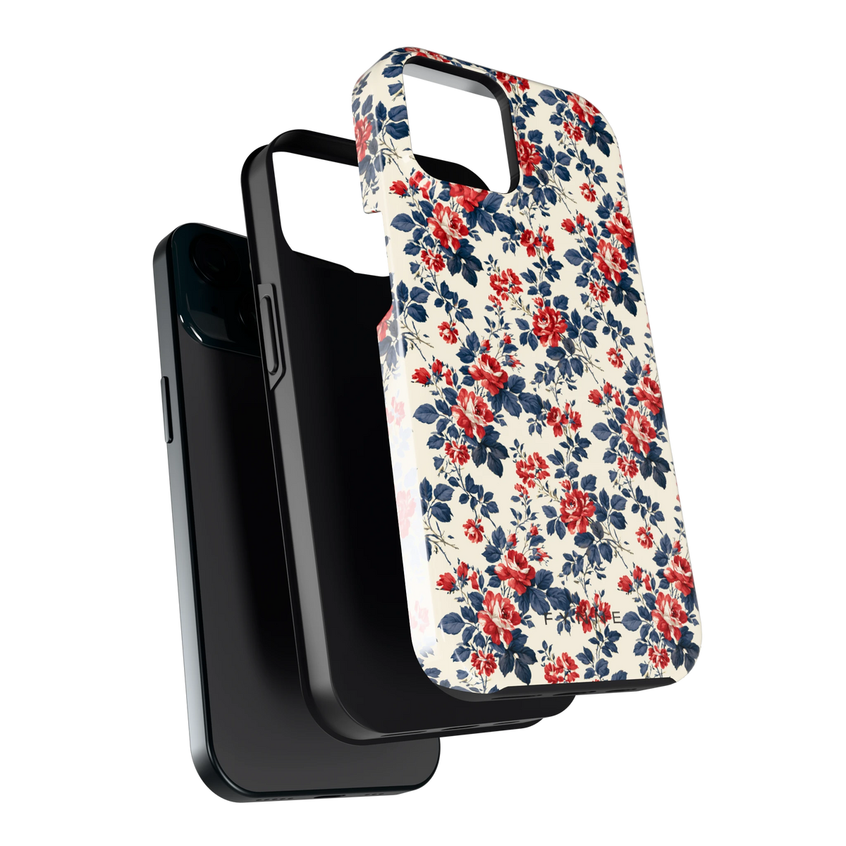 Rode rozen en marineblauw hoesje voor iPhone 15, los van de telefoon