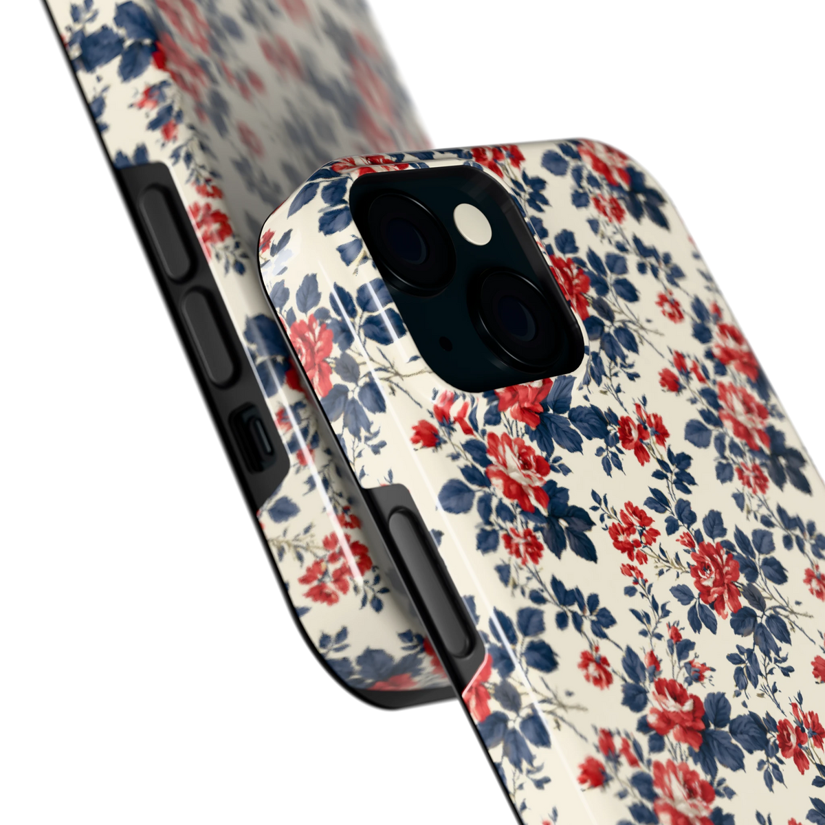 Rode rozen en marineblauw hoesje voor iPhone 15, close-up