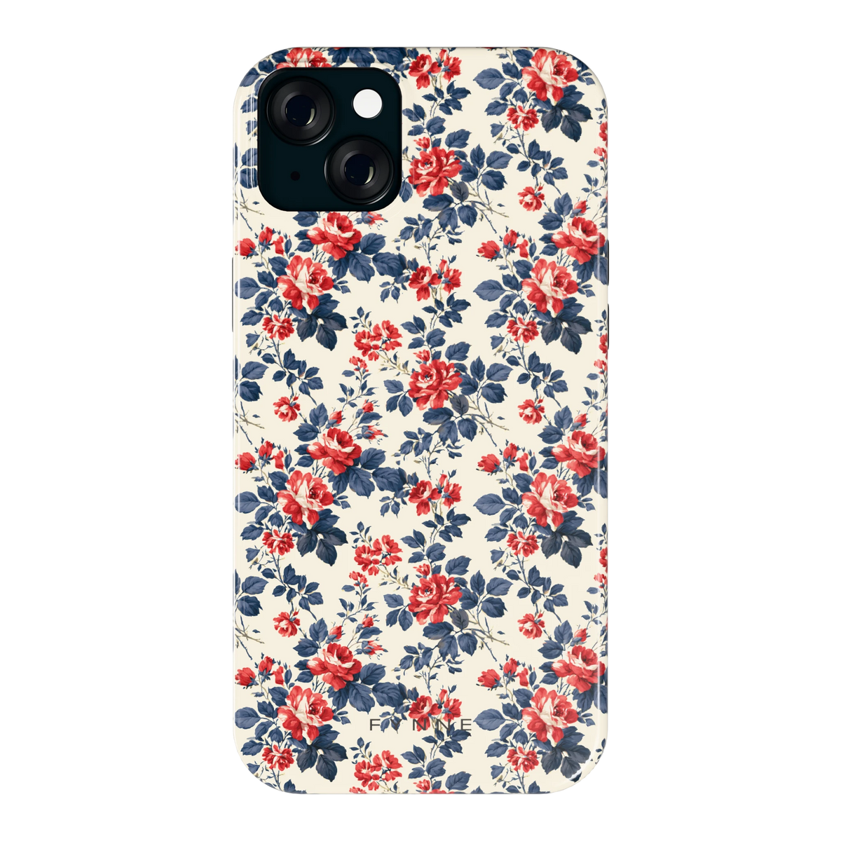 Rode rozen en marineblauw hoesje voor iPhone 15 Plus, achterkant