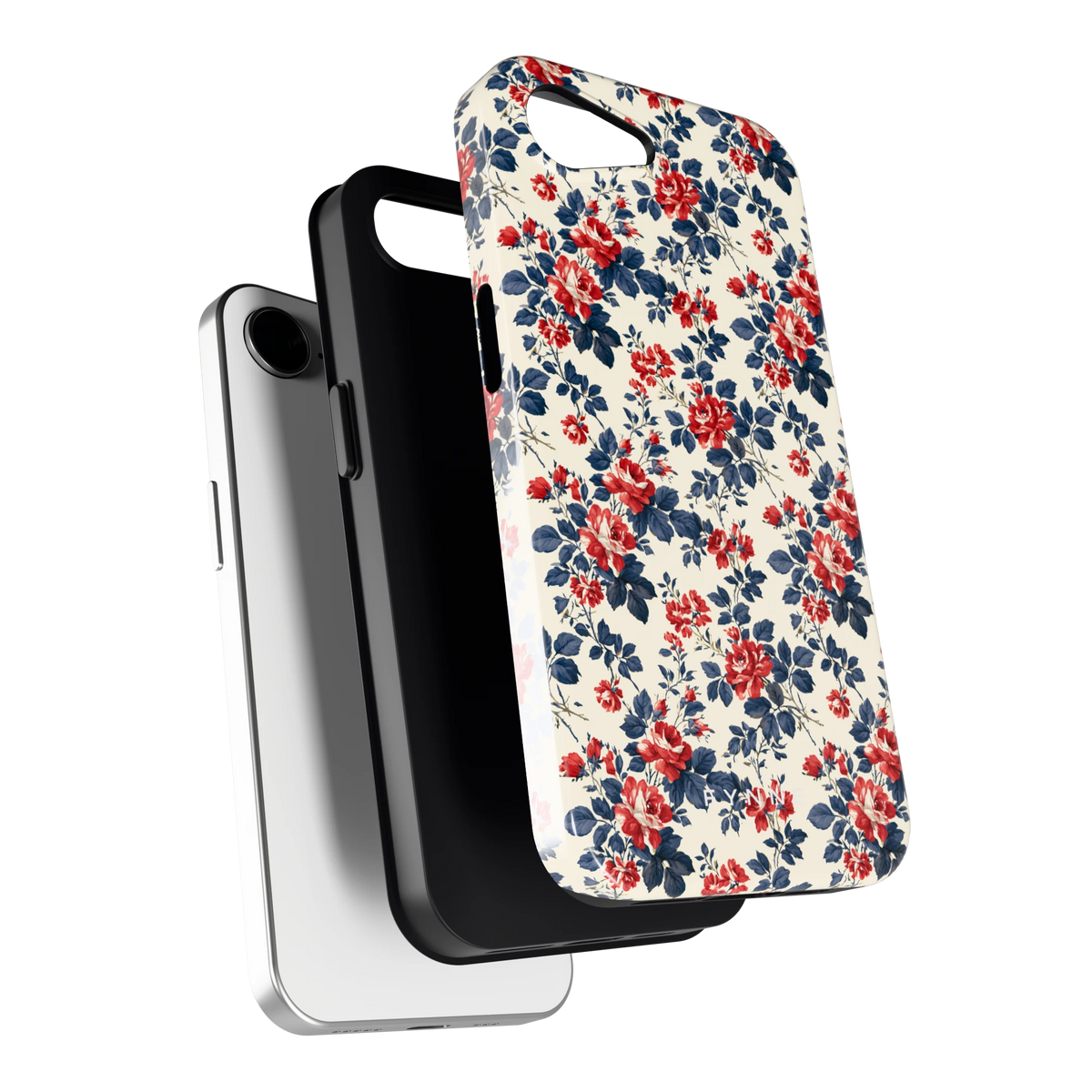 Rode rozen en marineblauw hoesje voor iPhone 16e, los van de telefoon