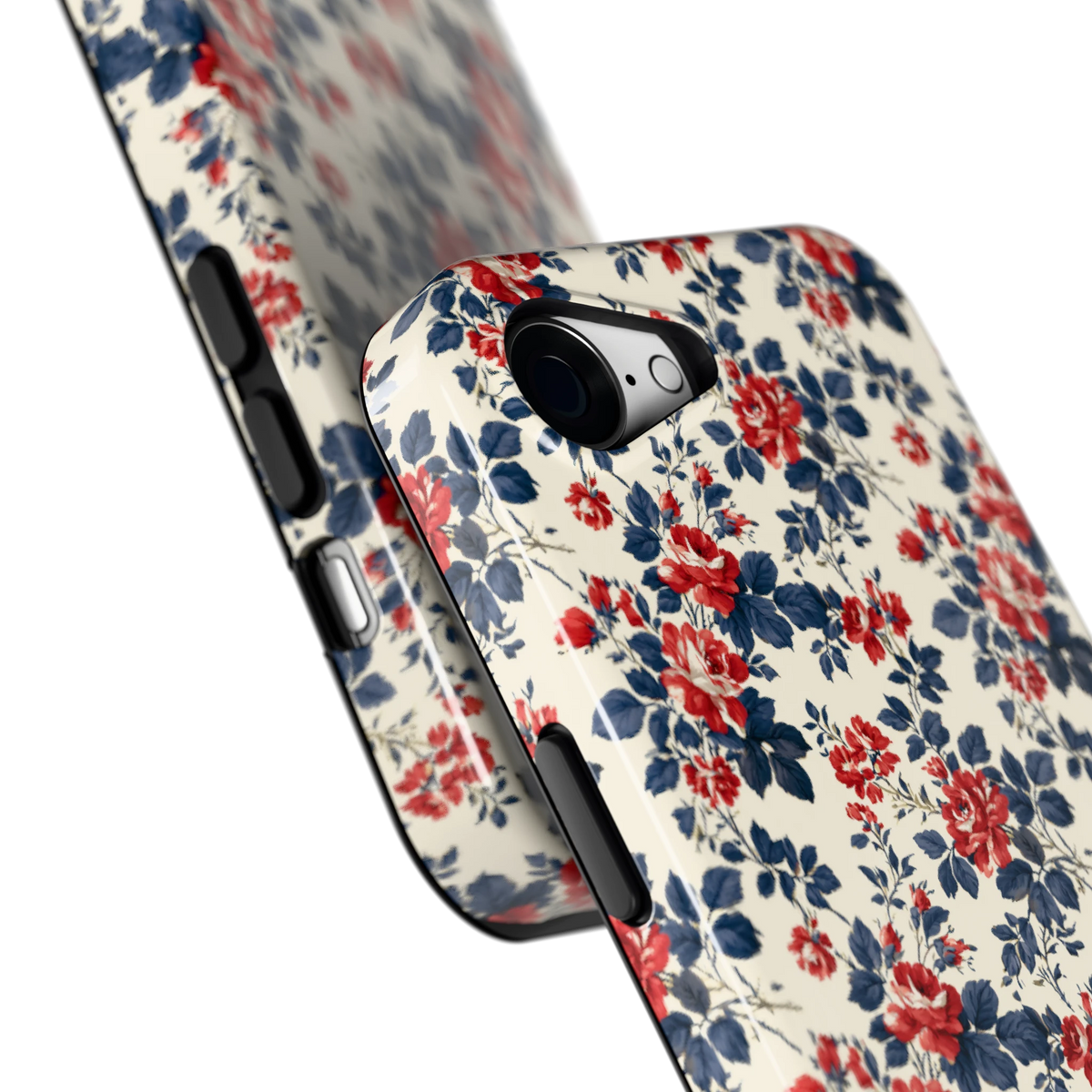 Rode rozen en marineblauw hoesje voor iPhone 16e, close-up
