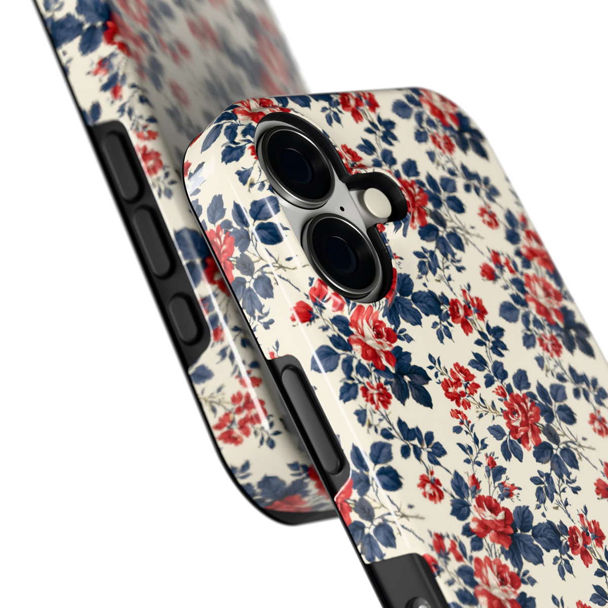 Rode rozen en marineblauw hoesje voor iPhone 17, close-up