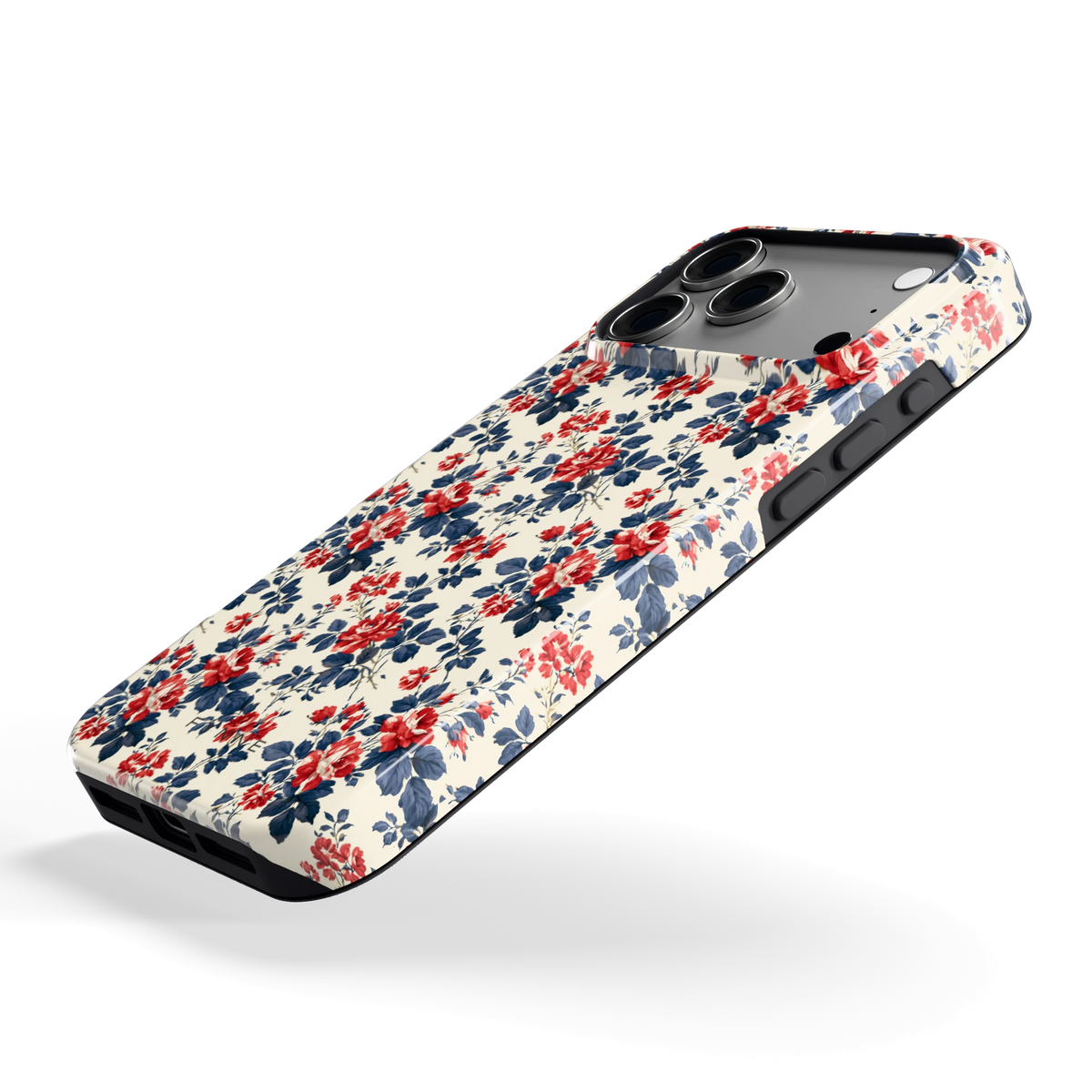 Rode rozen en marineblauw hoesje voor iPhone 17 Pro Max, schuin