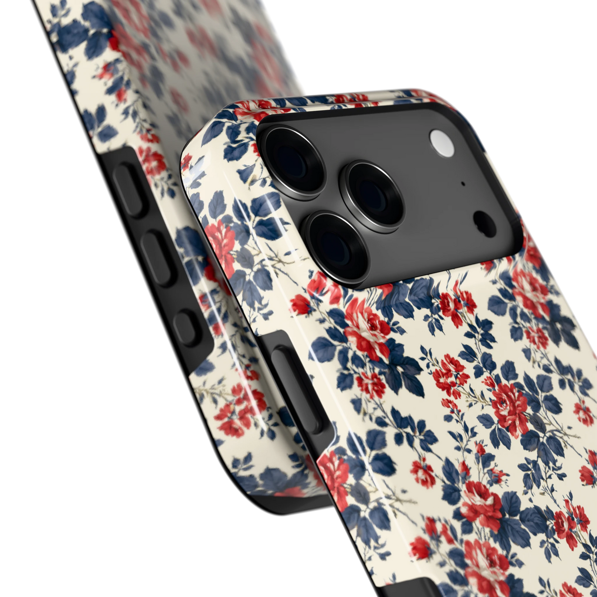 Rode rozen en marineblauw hoesje voor iPhone 17 Pro Max, close-up